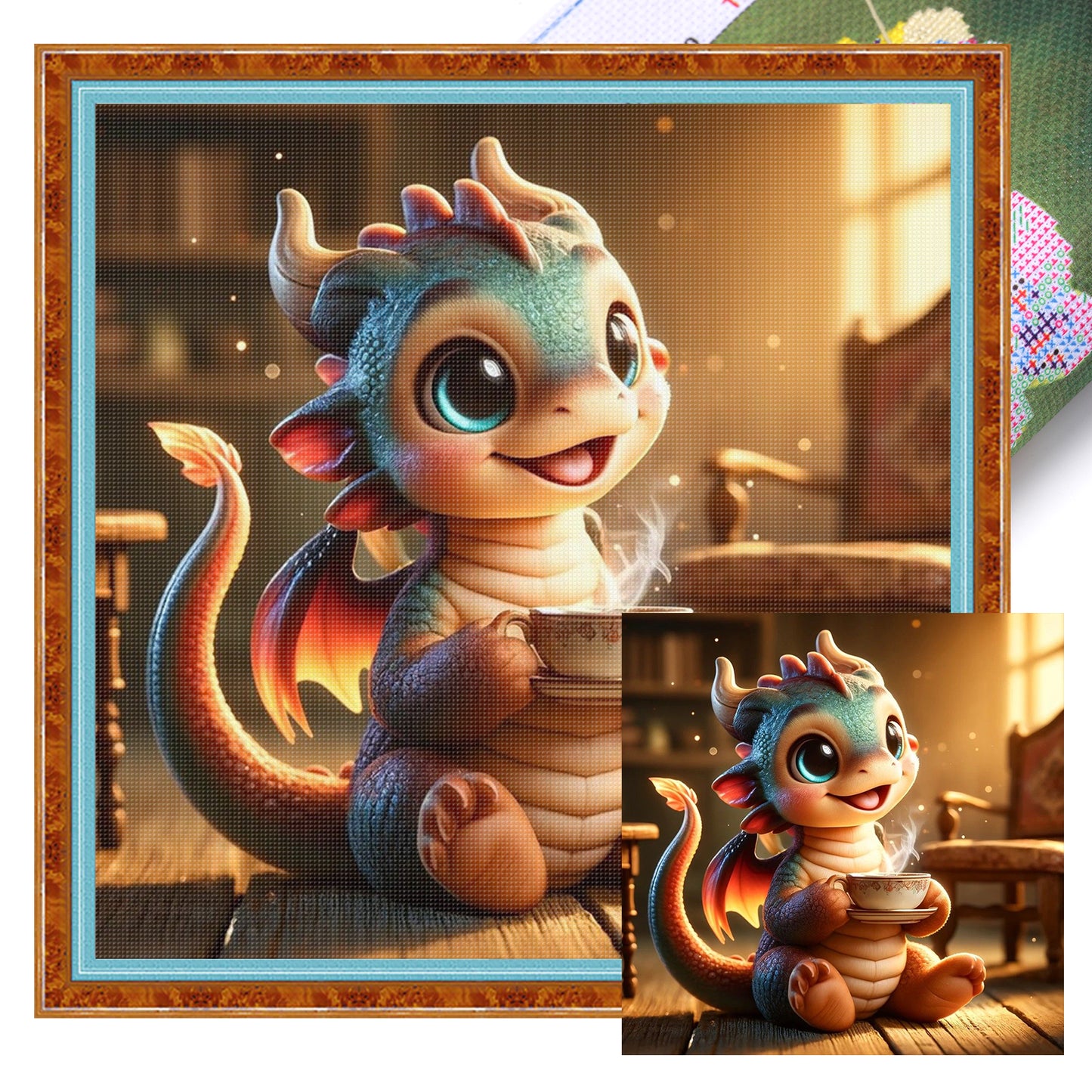 Dragon Drinking Coffee - Full 11CT Stamped Cross Stitch 40x40CM - Huacan