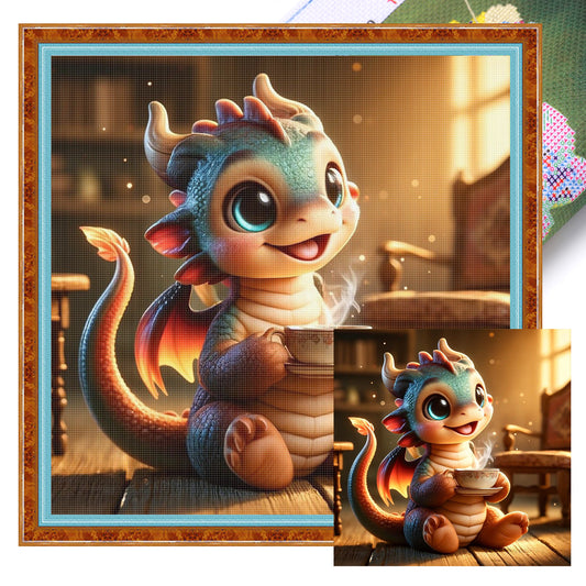 Dragon Drinking Coffee - Full 11CT Stamped Cross Stitch 40x40CM - Huacan