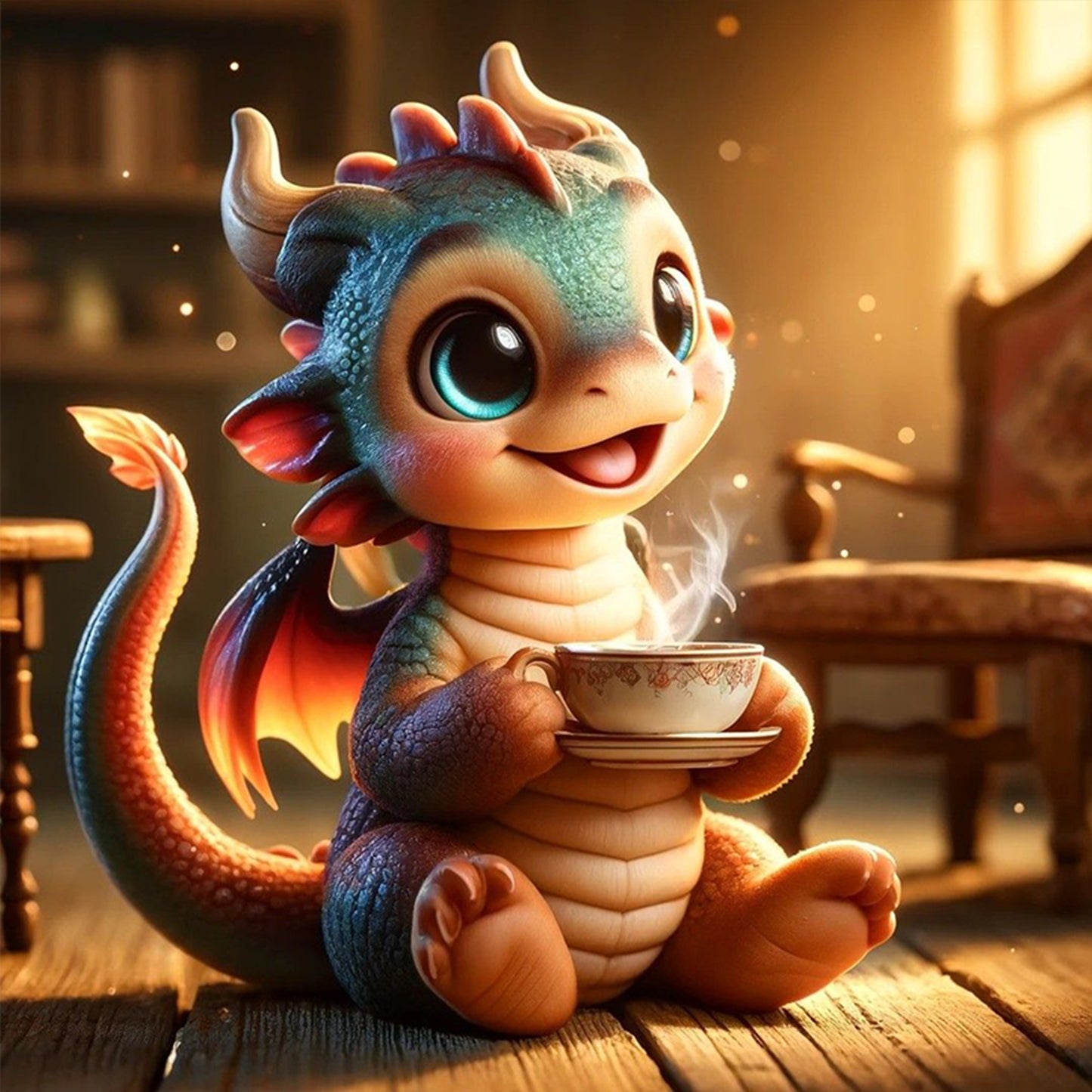 Dragon Drinking Coffee - Full 11CT Stamped Cross Stitch 40x40CM - Huacan