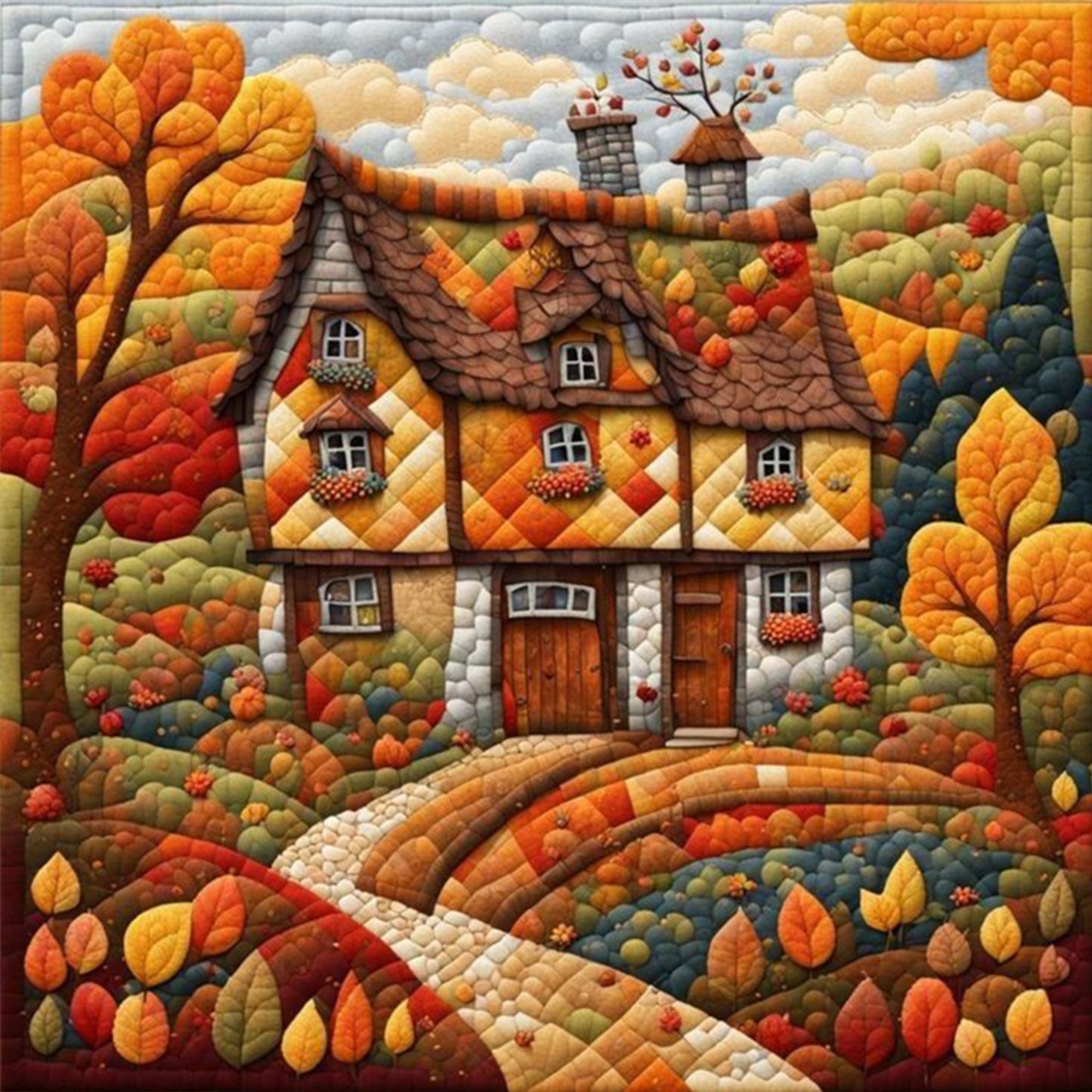 Autumn Hut - Full 11CT Stamped Cross Stitch 45x45CM - Huacan