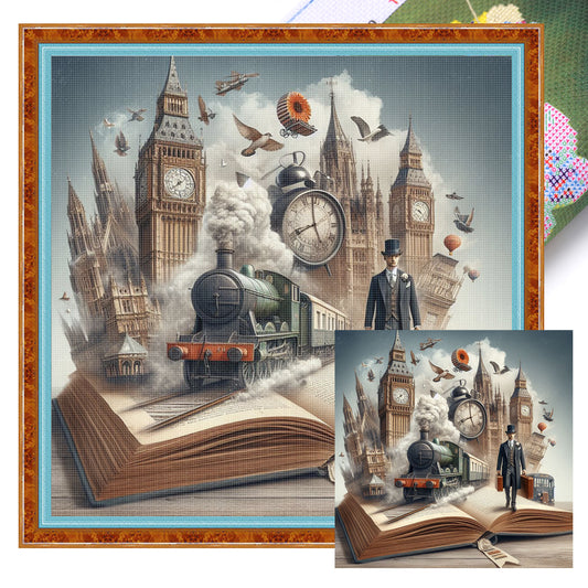 Train In Book - Full 11CT Stamped Cross Stitch 45x45CM - Huacan