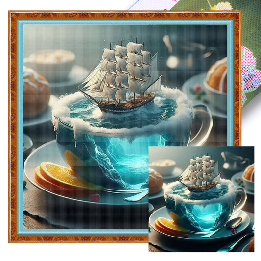 Water Cup Scenery - Sailboat - Full 11CT Stamped Cross Stitch 45x45CM - Huacan