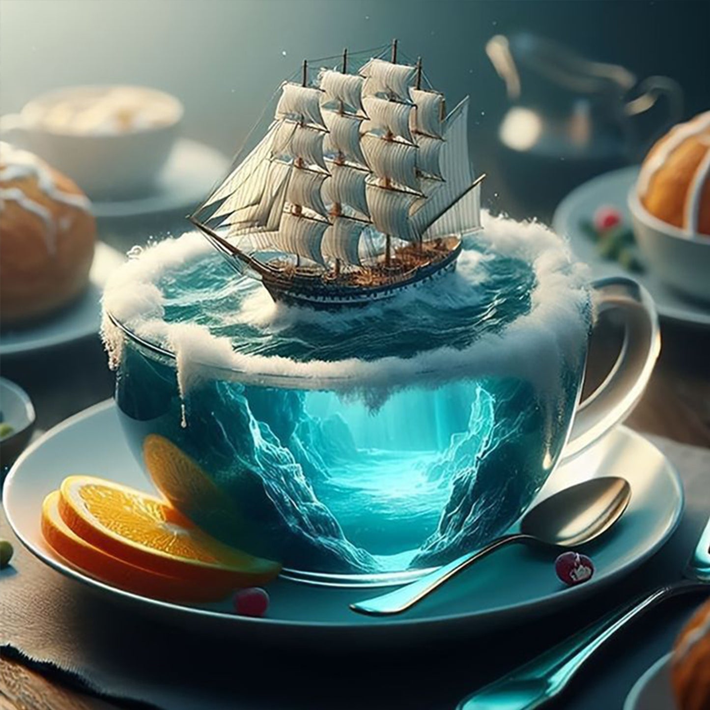 Water Cup Scenery - Sailboat - Full 11CT Stamped Cross Stitch 45x45CM - Huacan