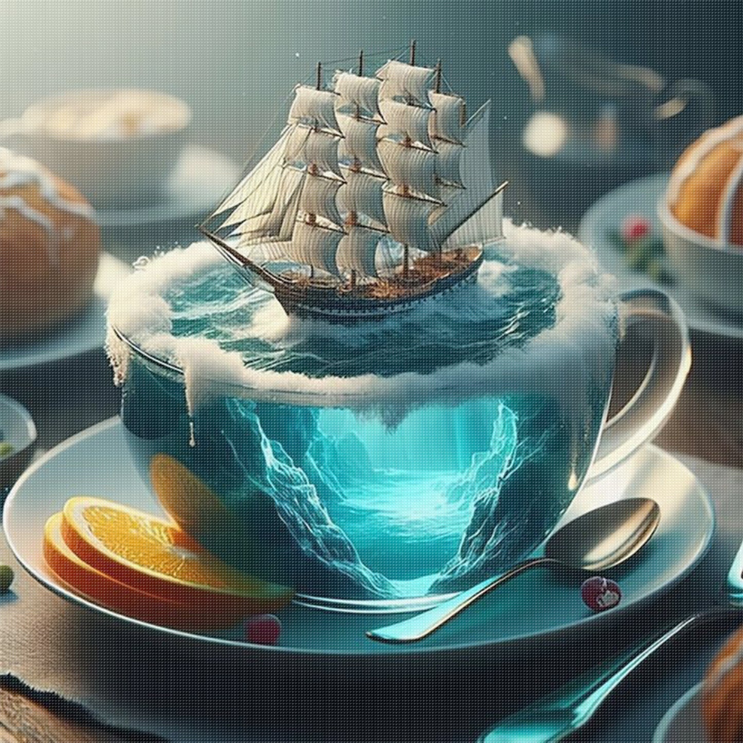 Water Cup Scenery - Sailboat - Full 11CT Stamped Cross Stitch 45x45CM - Huacan