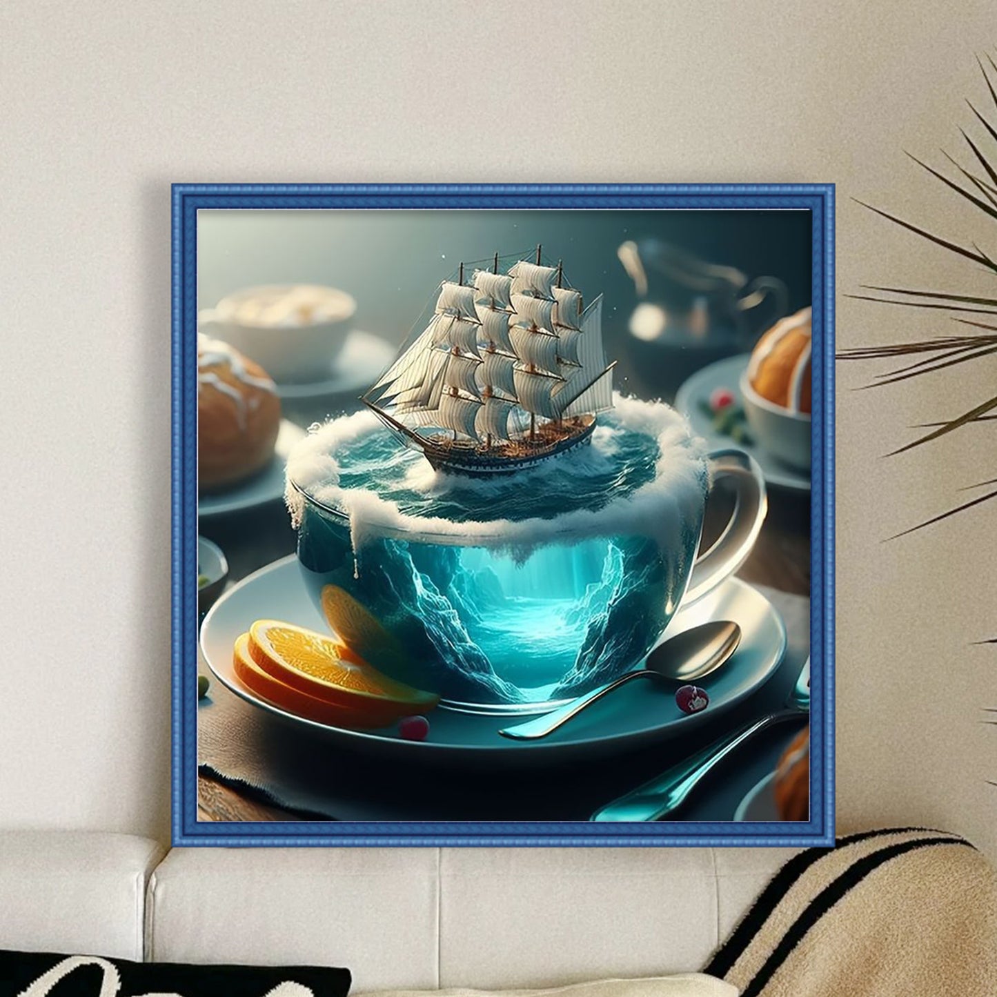 Water Cup Scenery - Sailboat - Full 11CT Stamped Cross Stitch 45x45CM - Huacan
