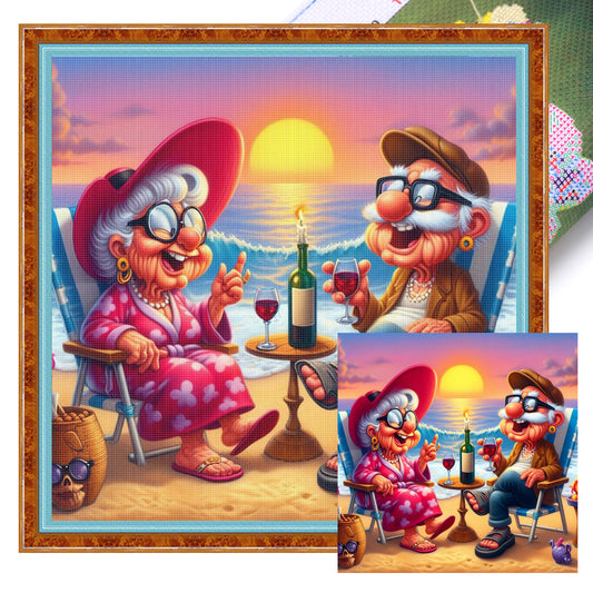 Grandma And Grandpa On The Beach - Full 11CT Stamped Cross Stitch 40x40CM - Huacan