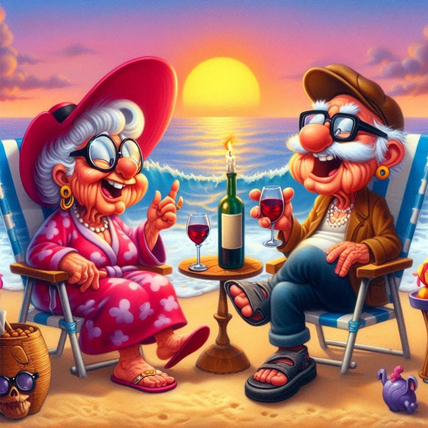 Grandma And Grandpa On The Beach - Full 11CT Stamped Cross Stitch 40x40CM - Huacan