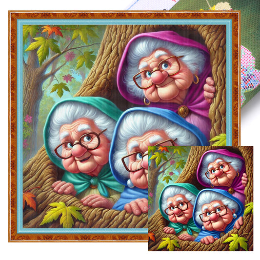 Grandma In Tree Hole - Full 11CT Stamped Cross Stitch 40x40CM - Huacan