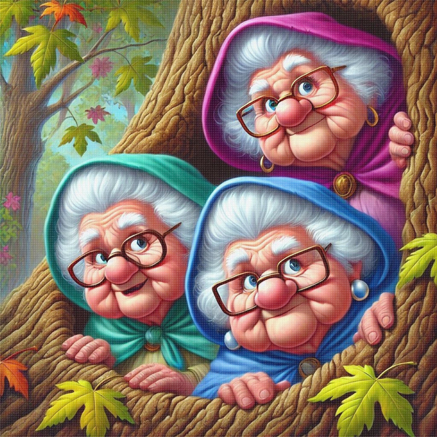 Grandma In Tree Hole - Full 11CT Stamped Cross Stitch 40x40CM - Huacan