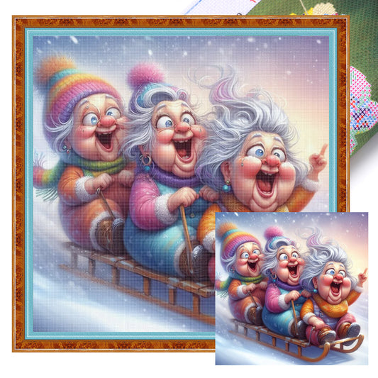 Grandmas Skiing - Full 11CT Stamped Cross Stitch 40x40CM - Huacan