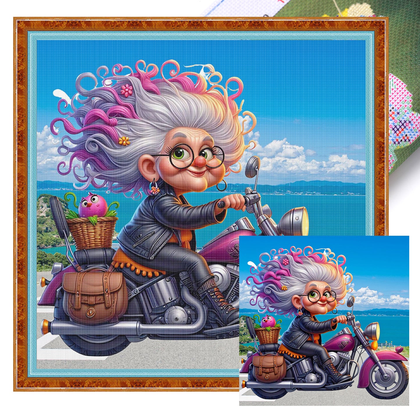 Grandma Riding Motorcycle - Full 11CT Stamped Cross Stitch 40x40CM - Huacan