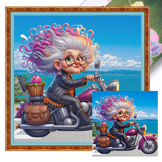 Grandma Riding Motorcycle - Full 11CT Stamped Cross Stitch 40x40CM - Huacan