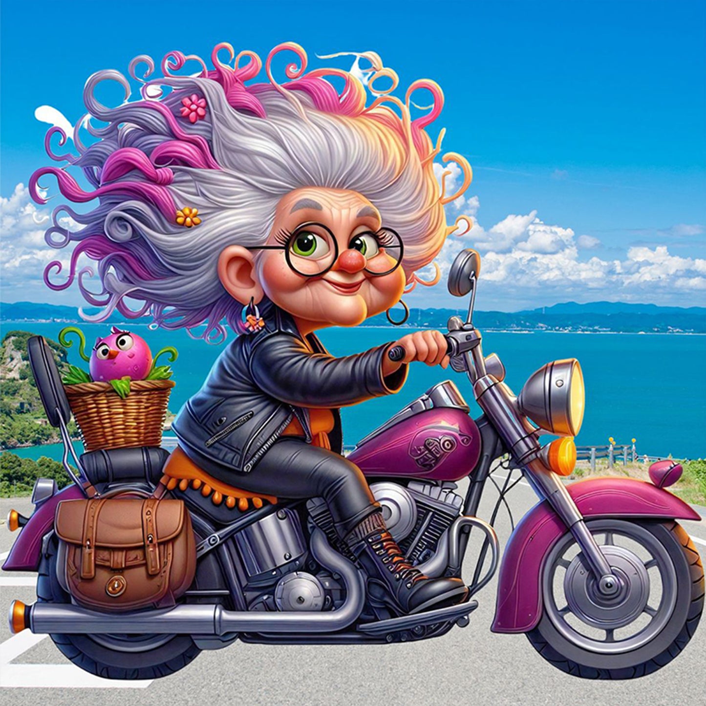 Grandma Riding Motorcycle - Full 11CT Stamped Cross Stitch 40x40CM - Huacan