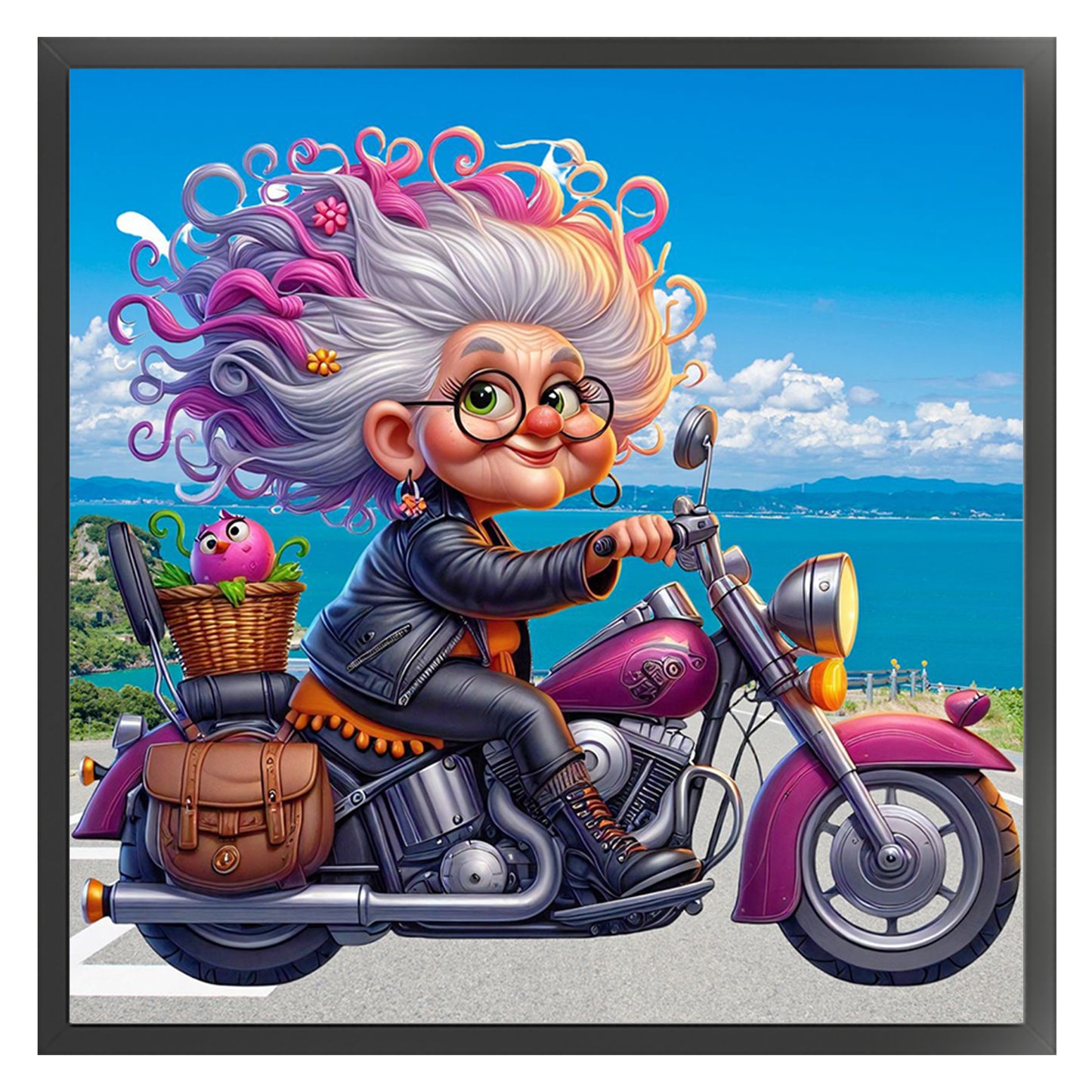 Grandma Riding Motorcycle - Full 11CT Stamped Cross Stitch 40x40CM - Huacan