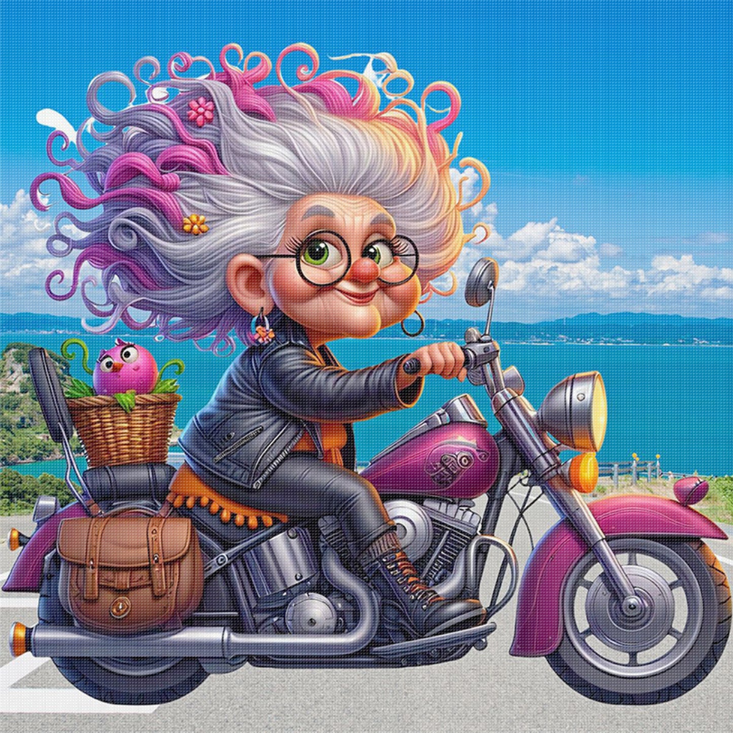 Grandma Riding Motorcycle - Full 11CT Stamped Cross Stitch 40x40CM - Huacan