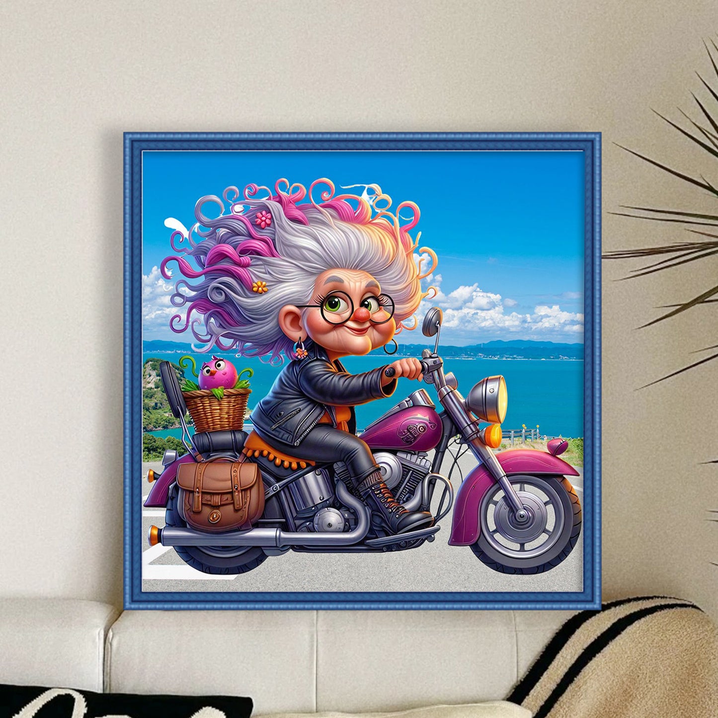 Grandma Riding Motorcycle - Full 11CT Stamped Cross Stitch 40x40CM - Huacan