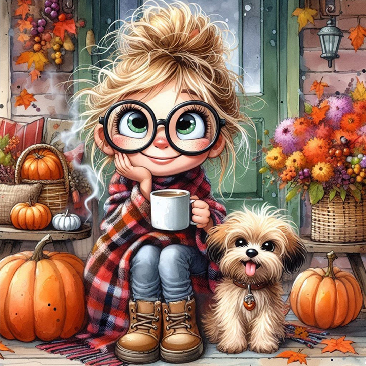 Girl And Dog - Full 11CT Stamped Cross Stitch 40x40CM - Huacan