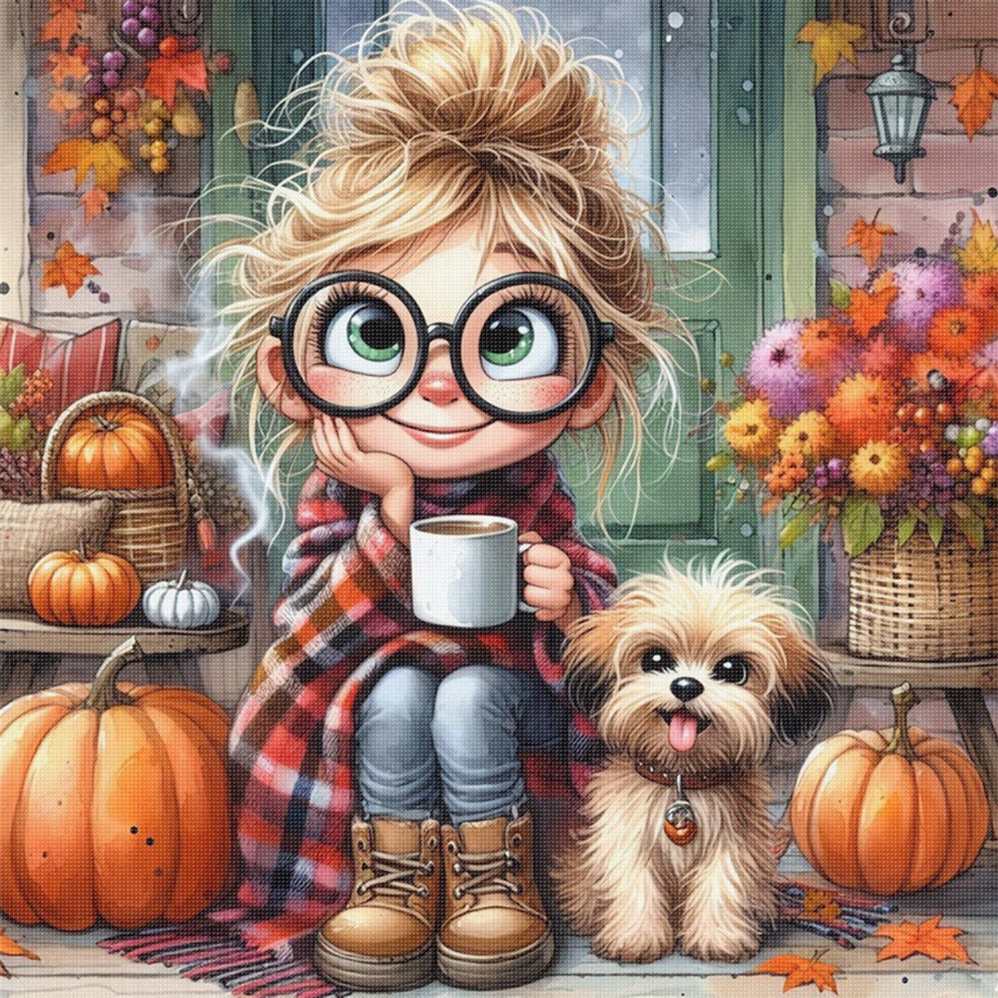 Girl And Dog - Full 11CT Stamped Cross Stitch 40x40CM - Huacan