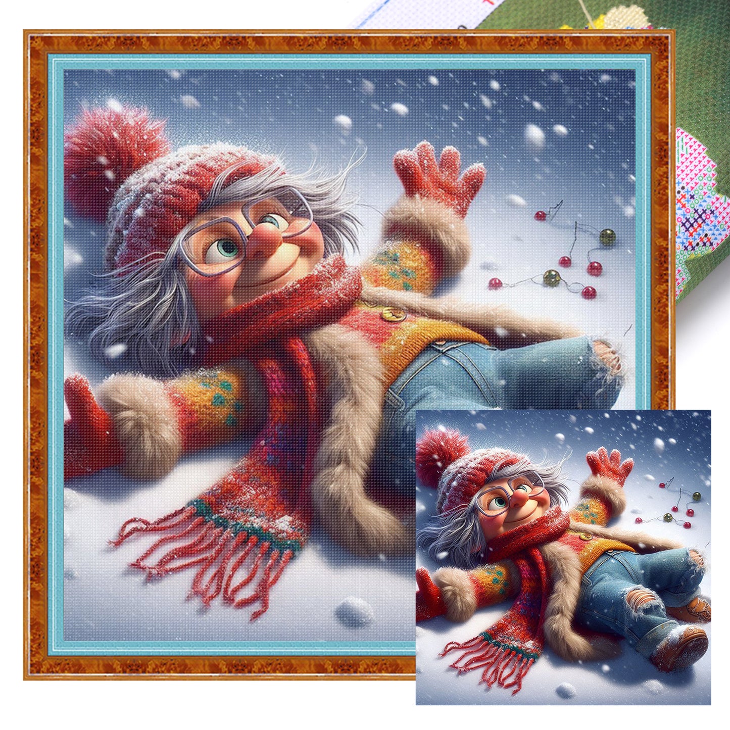 Grandma In Snow - Full 11CT Stamped Cross Stitch 40x40CM - Huacan