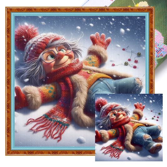 Grandma In Snow - Full 11CT Stamped Cross Stitch 40x40CM - Huacan
