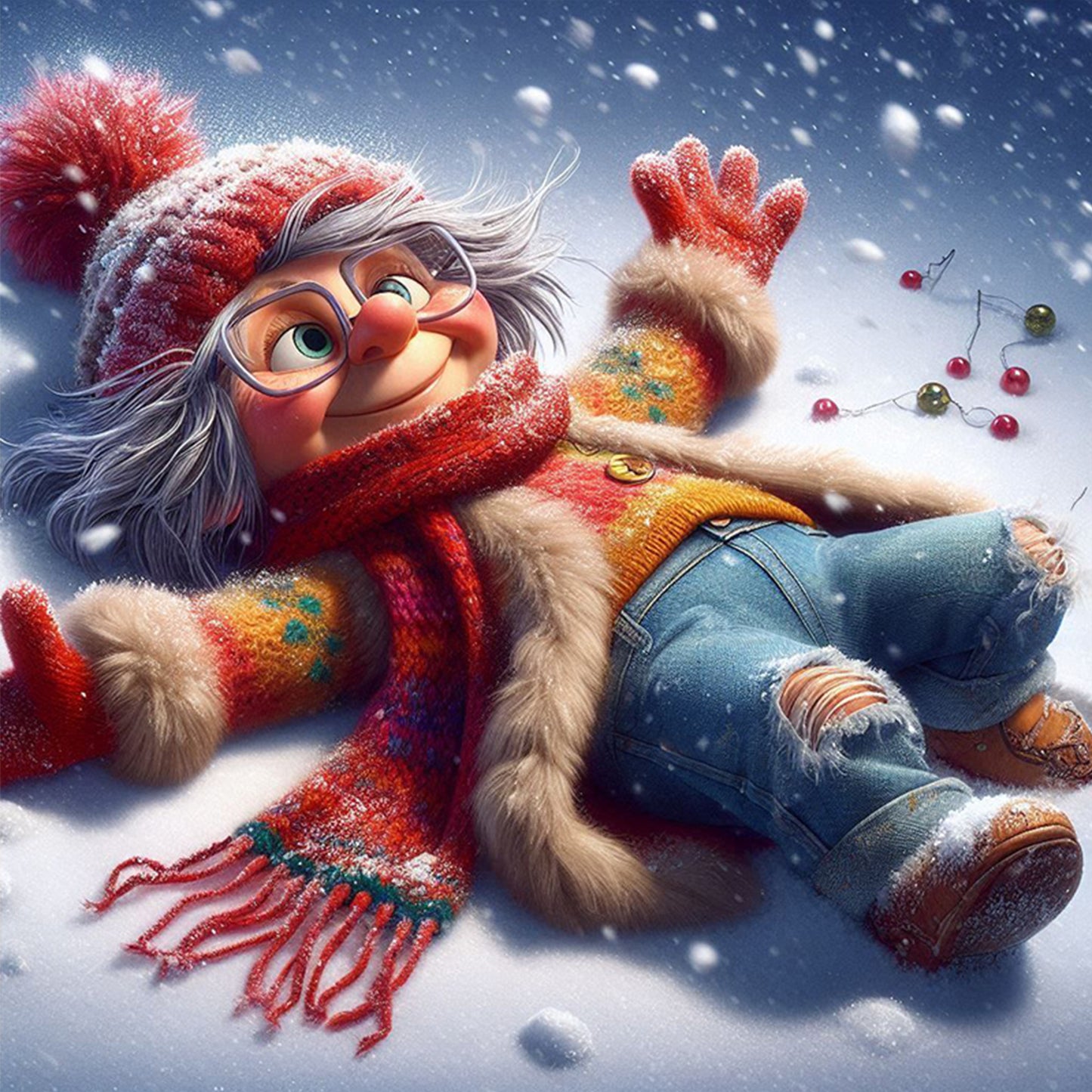 Grandma In Snow - Full 11CT Stamped Cross Stitch 40x40CM - Huacan