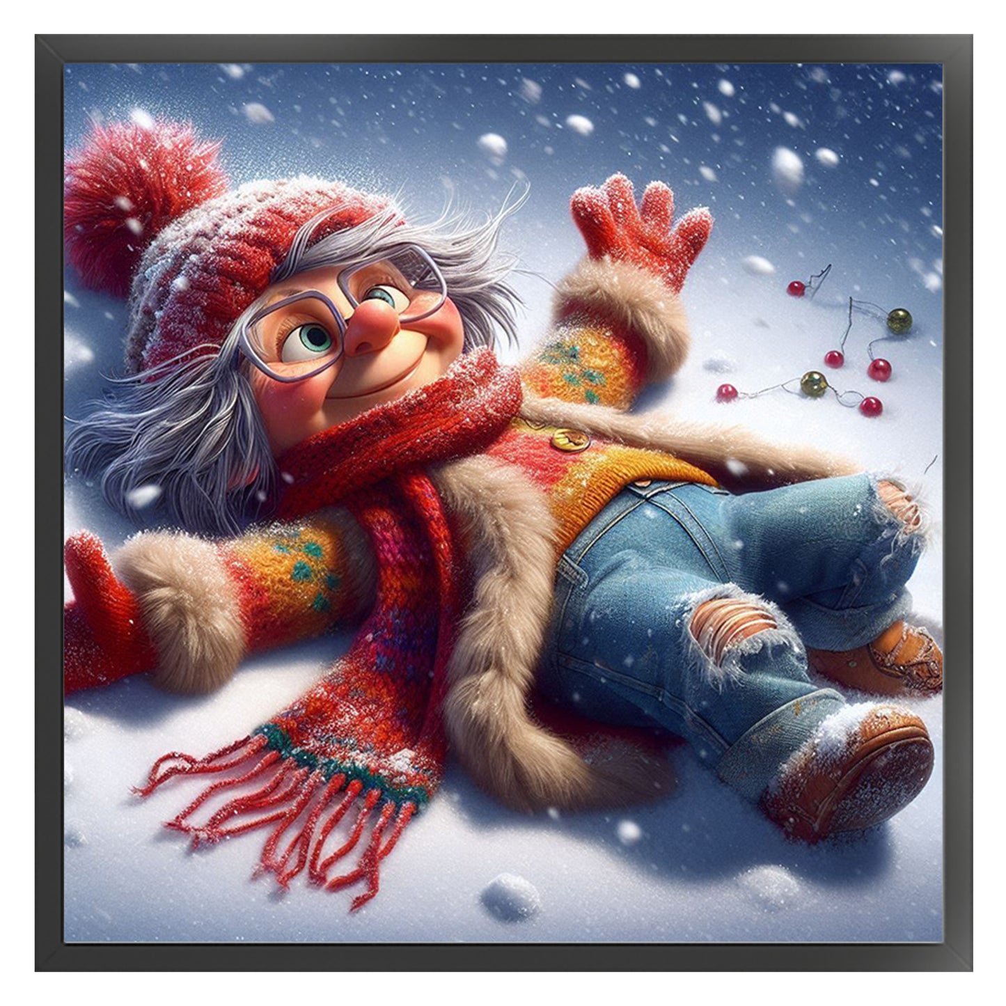 Grandma In Snow - Full 11CT Stamped Cross Stitch 40x40CM - Huacan