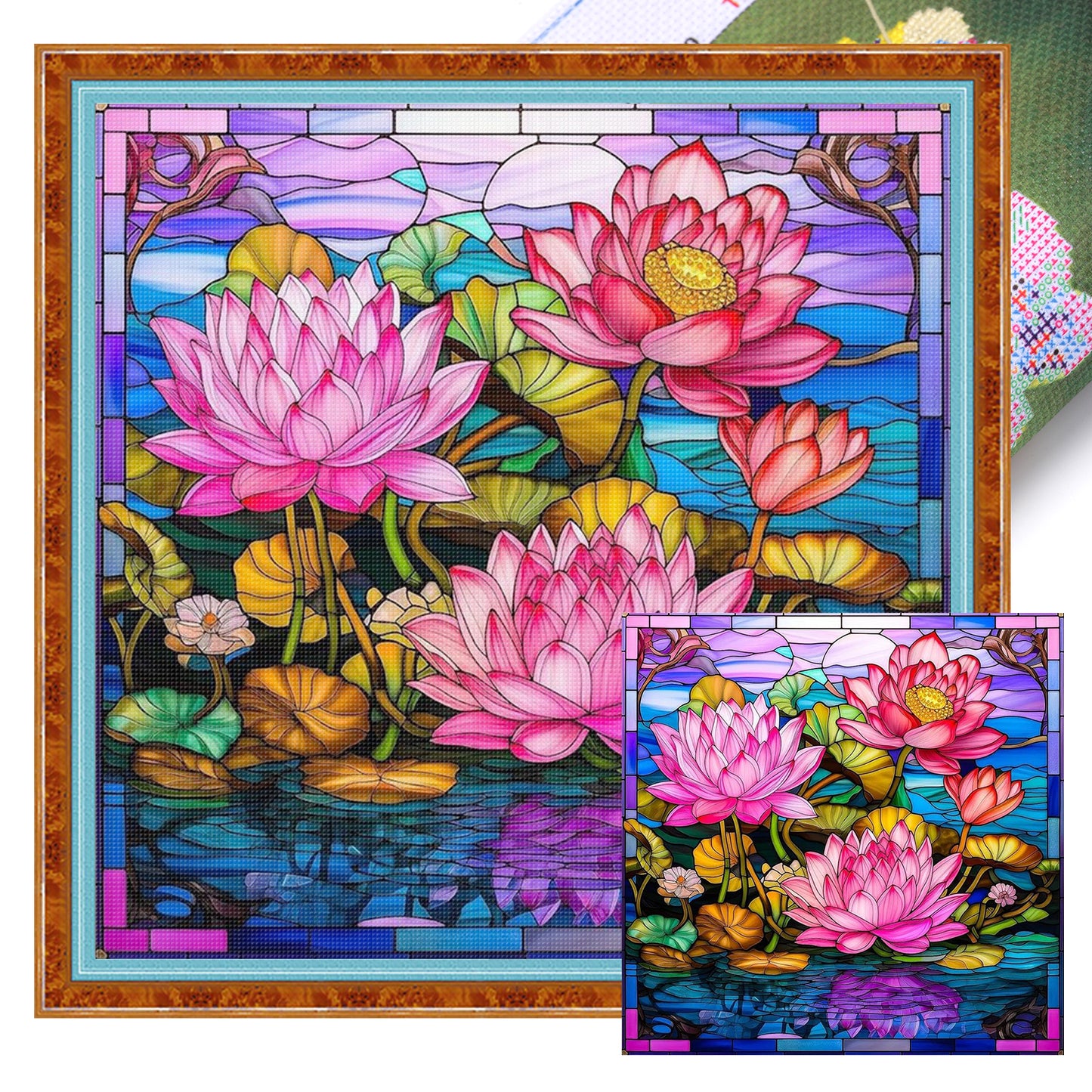 Stained Glass - Lotus - Full 11CT Stamped Cross Stitch 45x45CM - Huacan