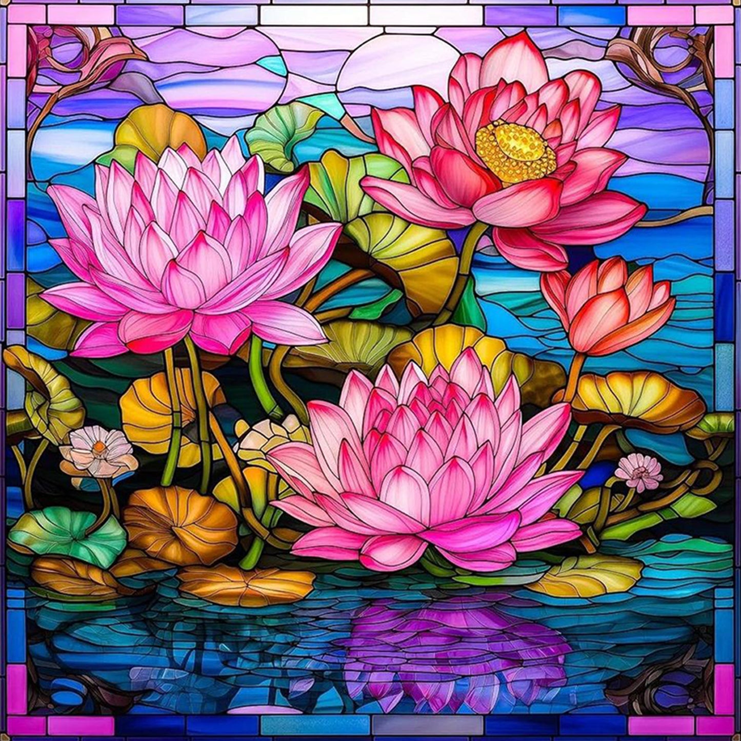 Stained Glass - Lotus - Full 11CT Stamped Cross Stitch 45x45CM - Huacan