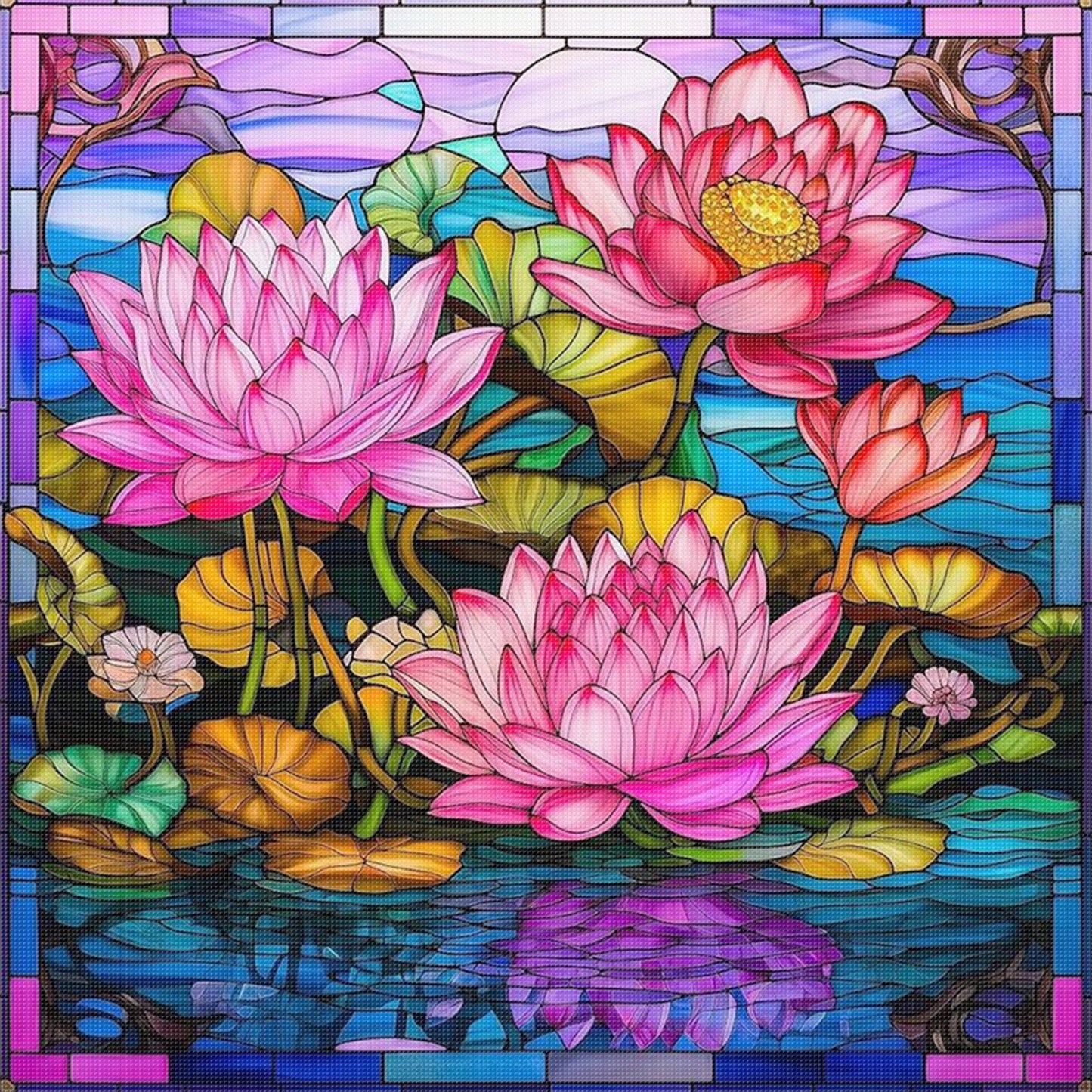Stained Glass - Lotus - Full 11CT Stamped Cross Stitch 45x45CM - Huacan