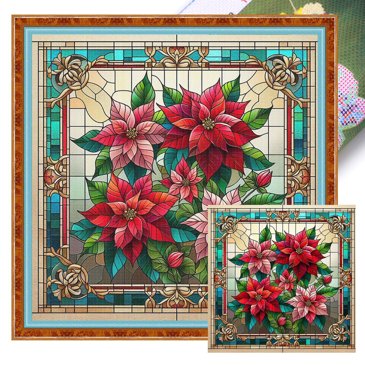Stained Glass - Christmas Flower - Full 11CT Stamped Cross Stitch 45x45CM - Huacan
