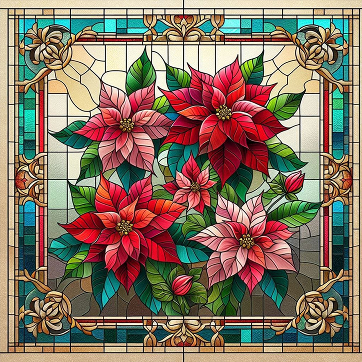 Stained Glass - Christmas Flower - Full 11CT Stamped Cross Stitch 45x45CM - Huacan