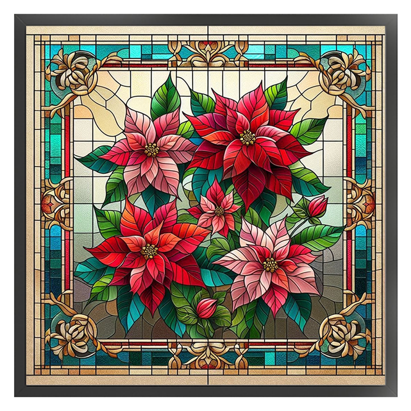 Stained Glass - Christmas Flower - Full 11CT Stamped Cross Stitch 45x45CM - Huacan