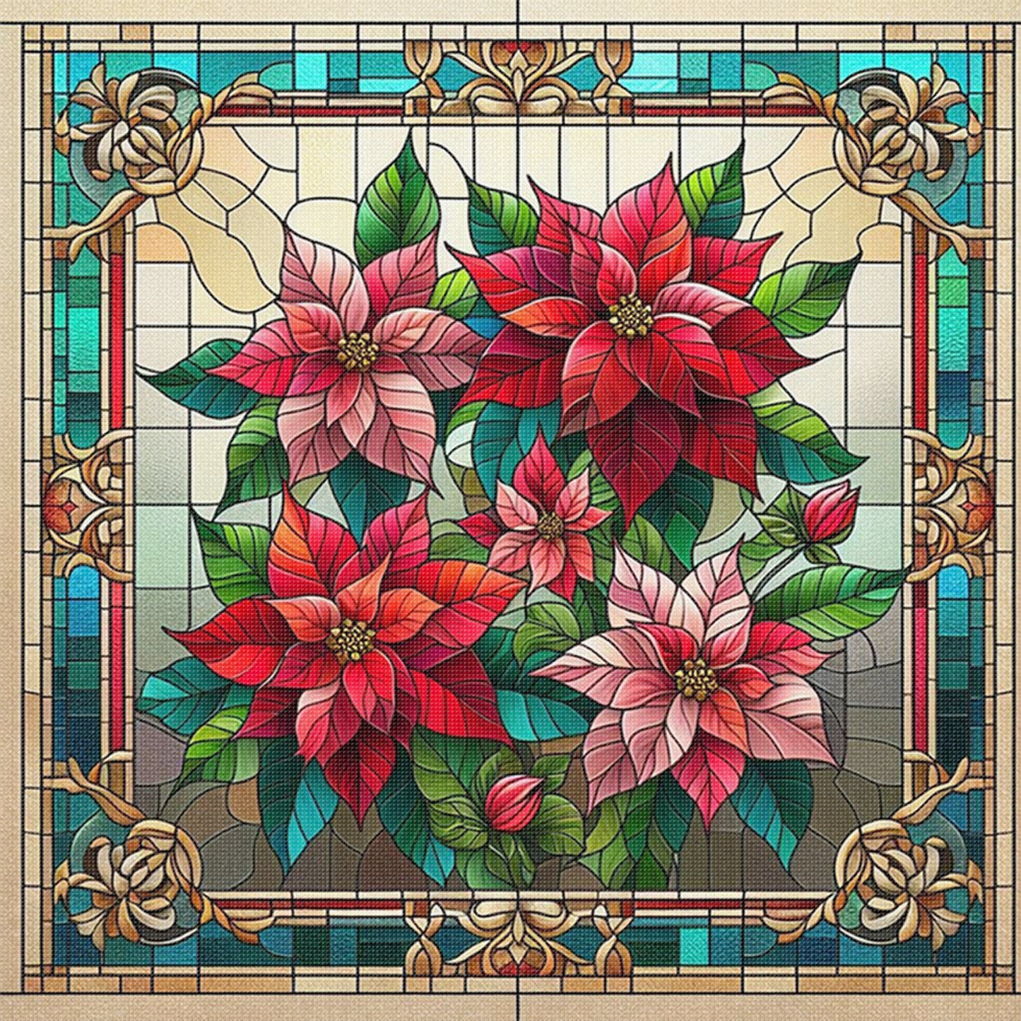 Stained Glass - Christmas Flower - Full 11CT Stamped Cross Stitch 45x45CM - Huacan