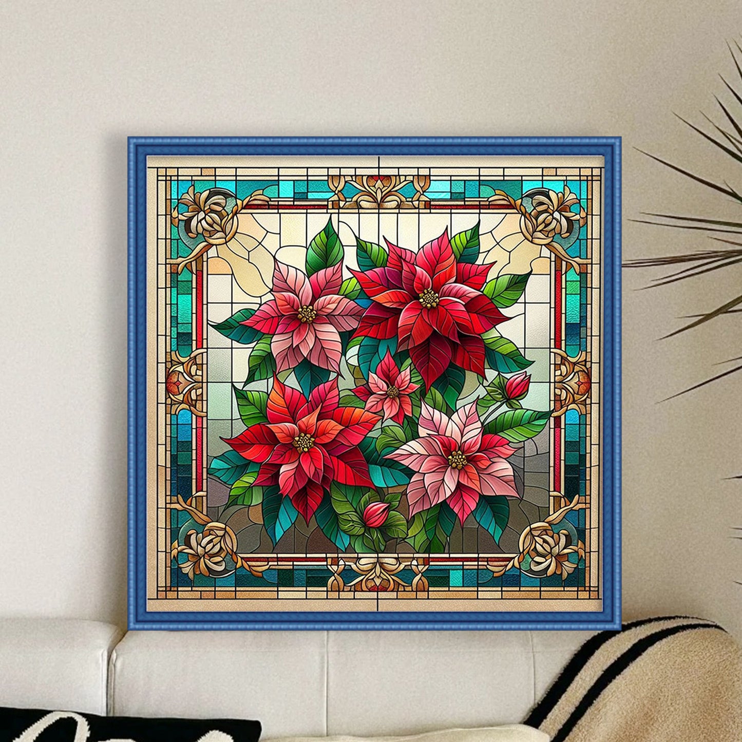 Stained Glass - Christmas Flower - Full 11CT Stamped Cross Stitch 45x45CM - Huacan