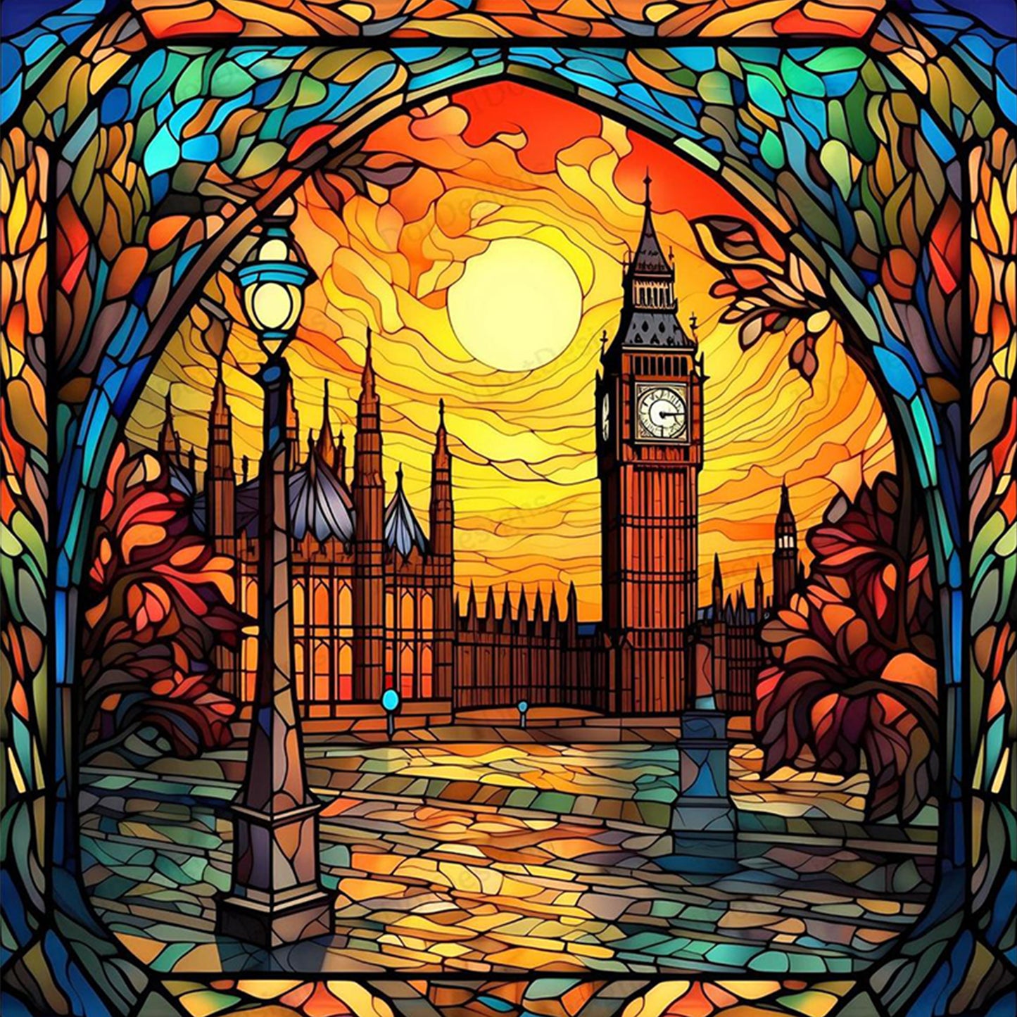Stained Glass - Elizabeth Tower - Full 11CT Stamped Cross Stitch 45x45CM - Huacan