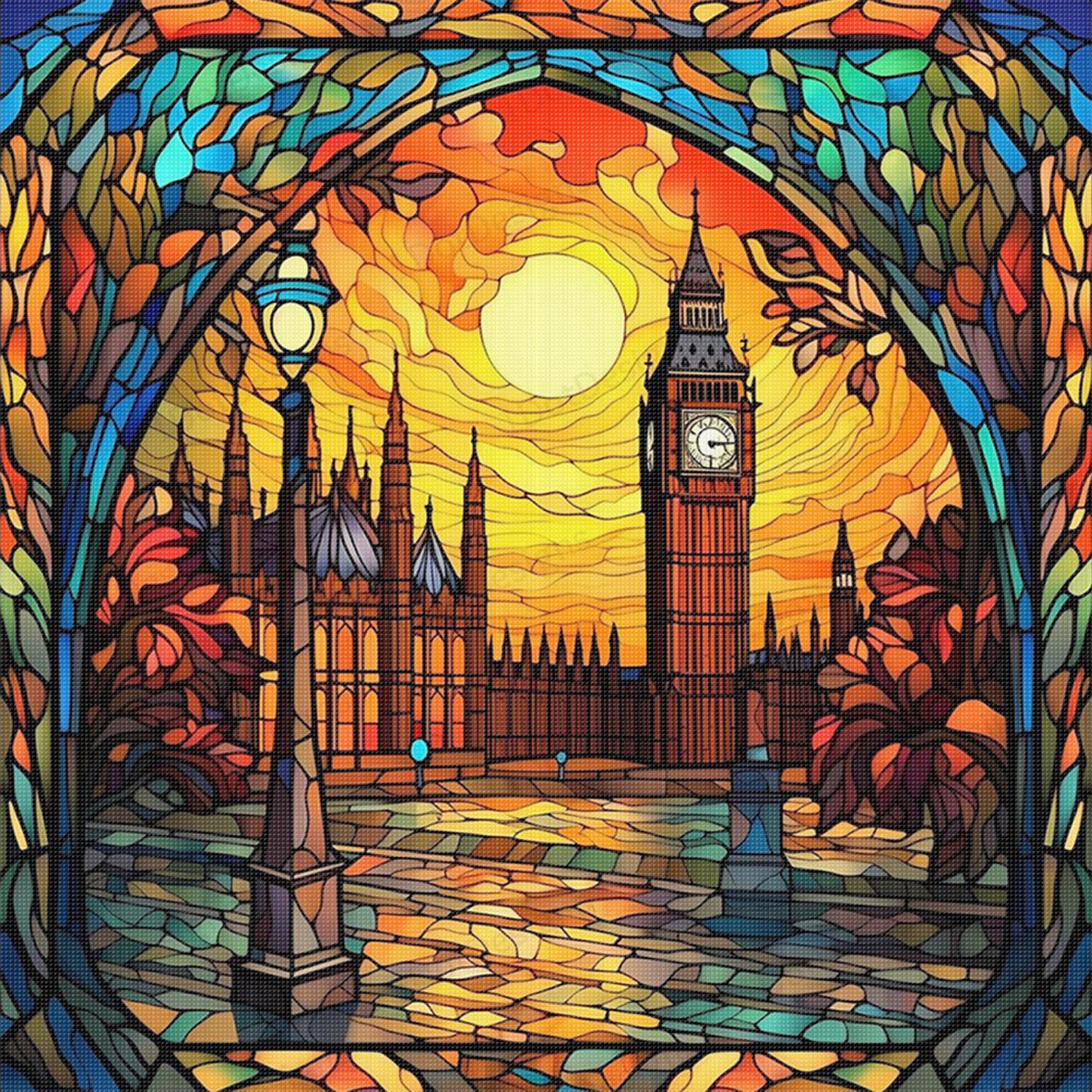 Stained Glass - Elizabeth Tower - Full 11CT Stamped Cross Stitch 45x45CM - Huacan
