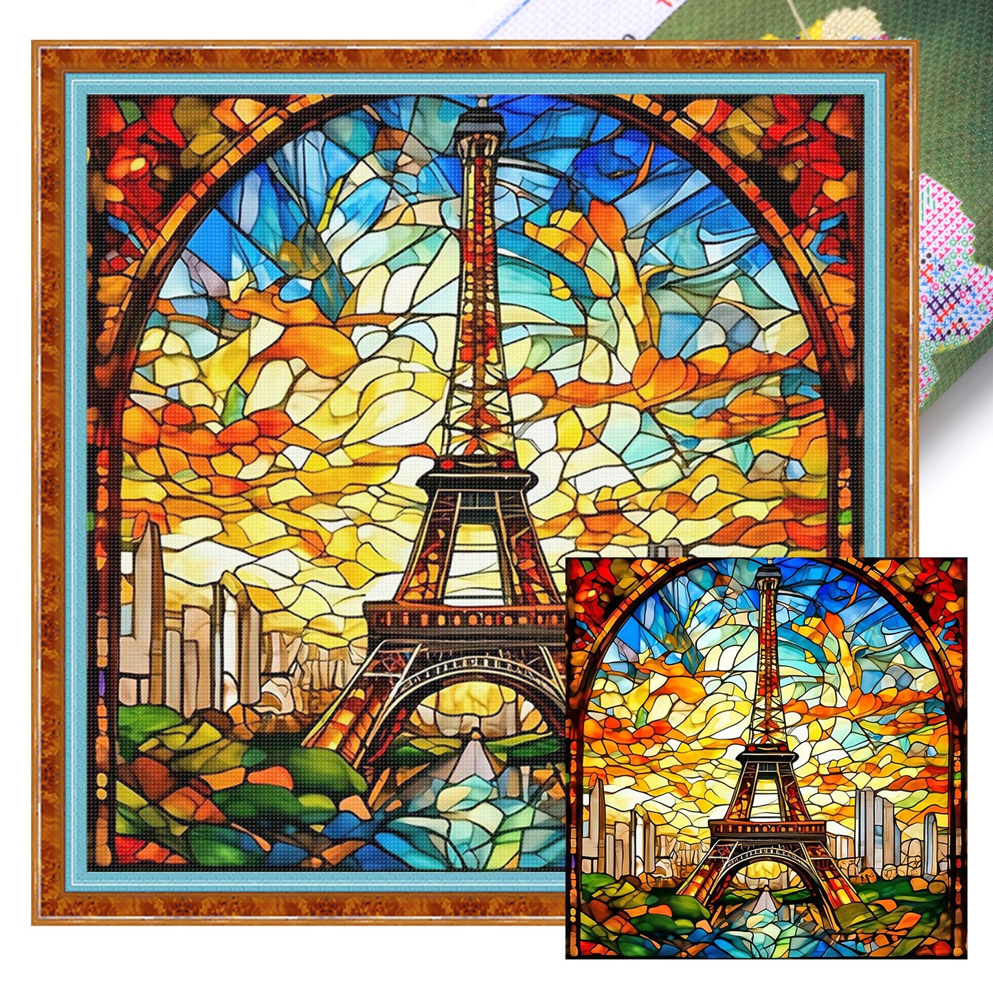 Stained Glass - Eiffel Tower - Full 11CT Stamped Cross Stitch 45x45CM - Huacan