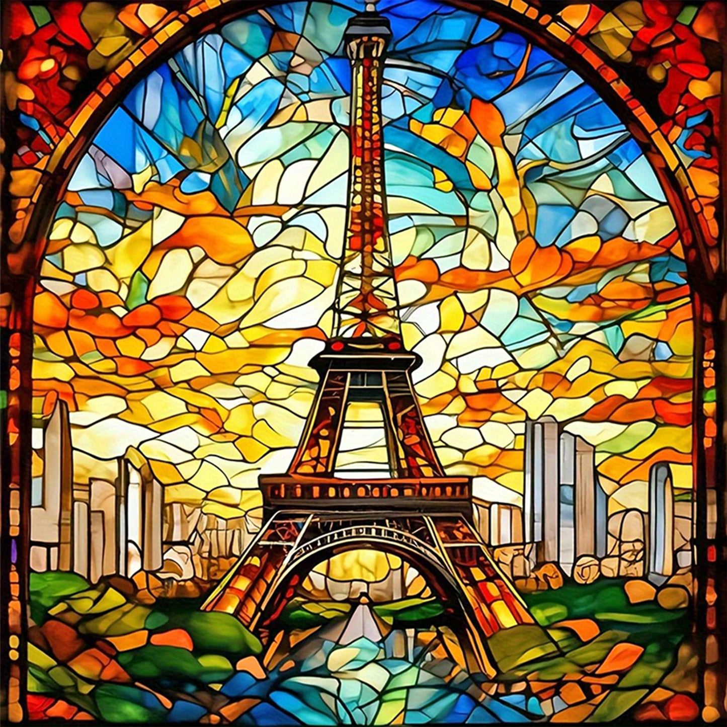 Stained Glass - Eiffel Tower - Full 11CT Stamped Cross Stitch 45x45CM - Huacan