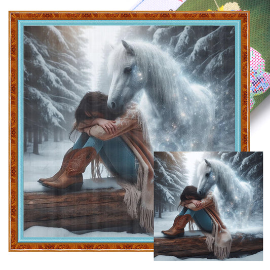 Girl And Horse - Full 11CT Stamped Cross Stitch 45x45CM - Huacan