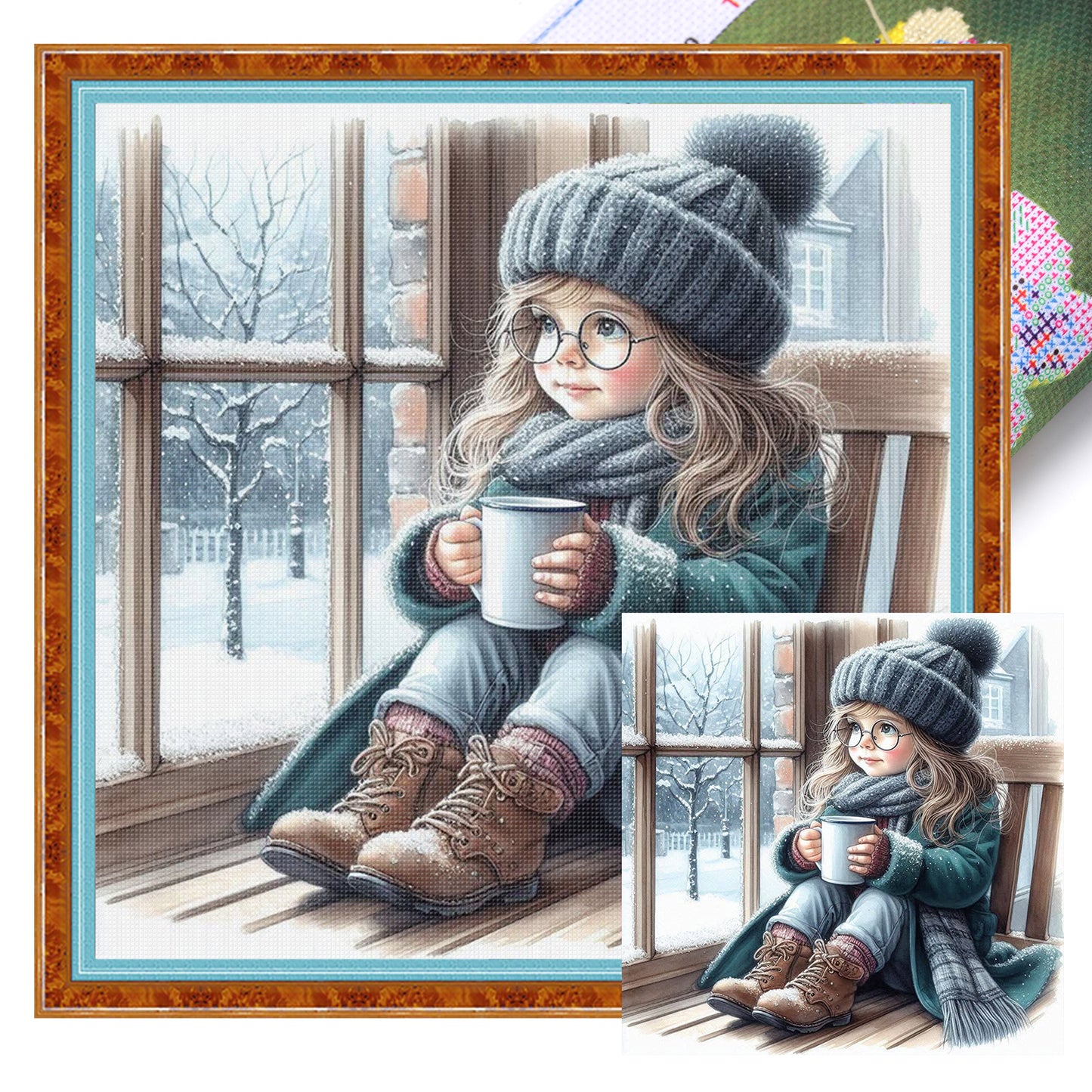 Girl By Window - Full 11CT Stamped Cross Stitch 45x45CM - Huacan