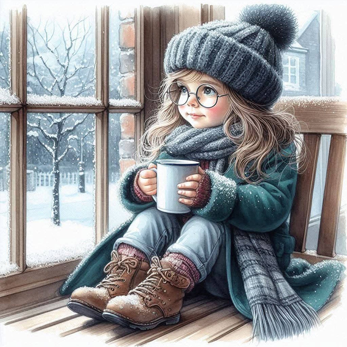 Girl By Window - Full 11CT Stamped Cross Stitch 45x45CM - Huacan