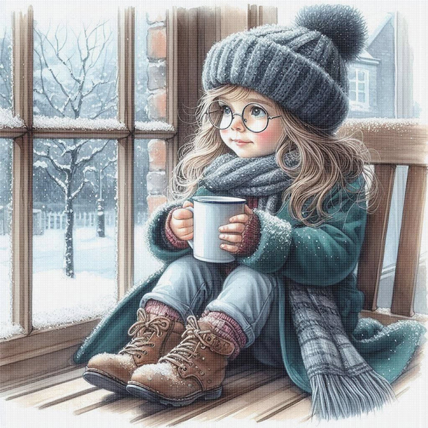 Girl By Window - Full 11CT Stamped Cross Stitch 45x45CM - Huacan