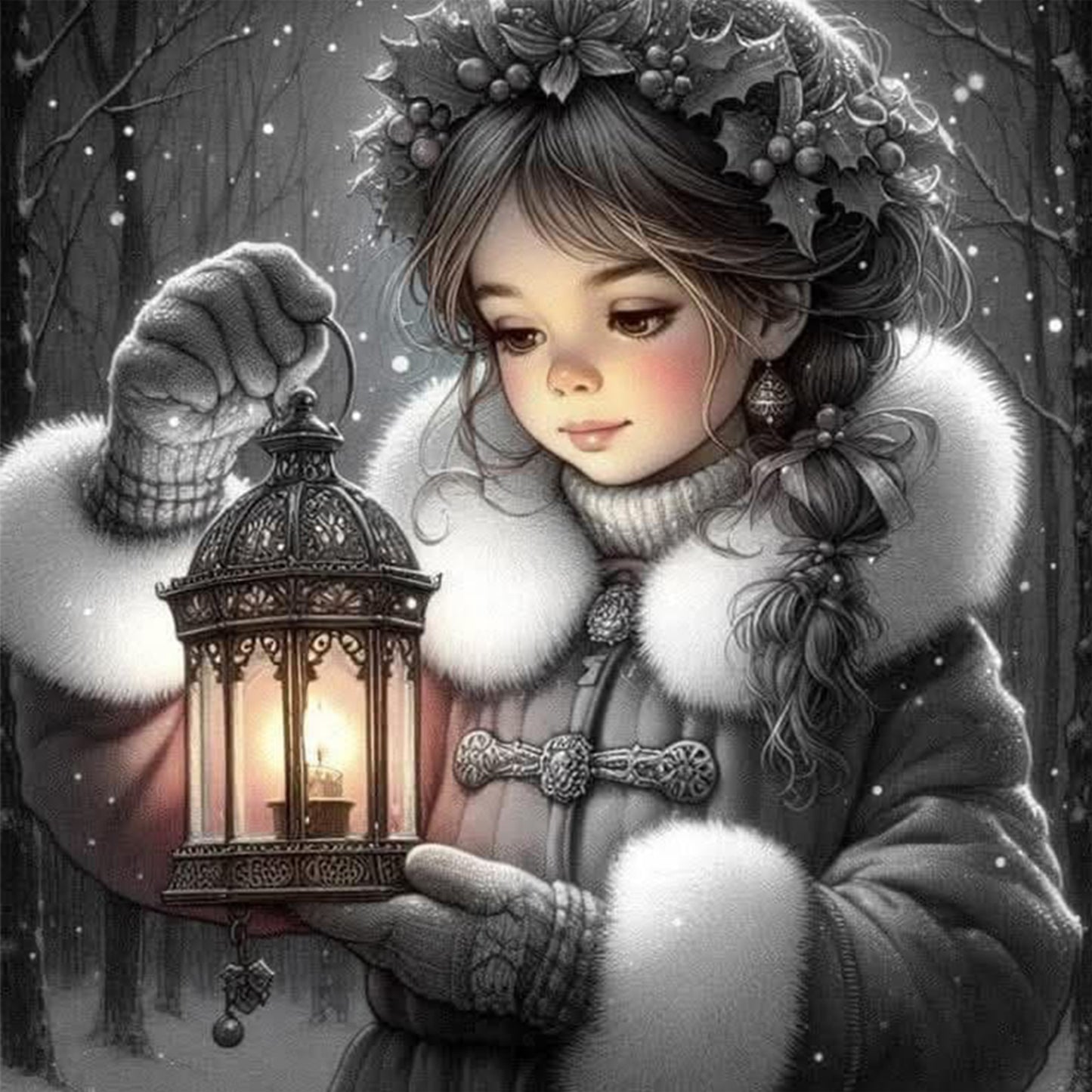 Girl With Lantern - Full 11CT Stamped Cross Stitch 45x45CM - Huacan