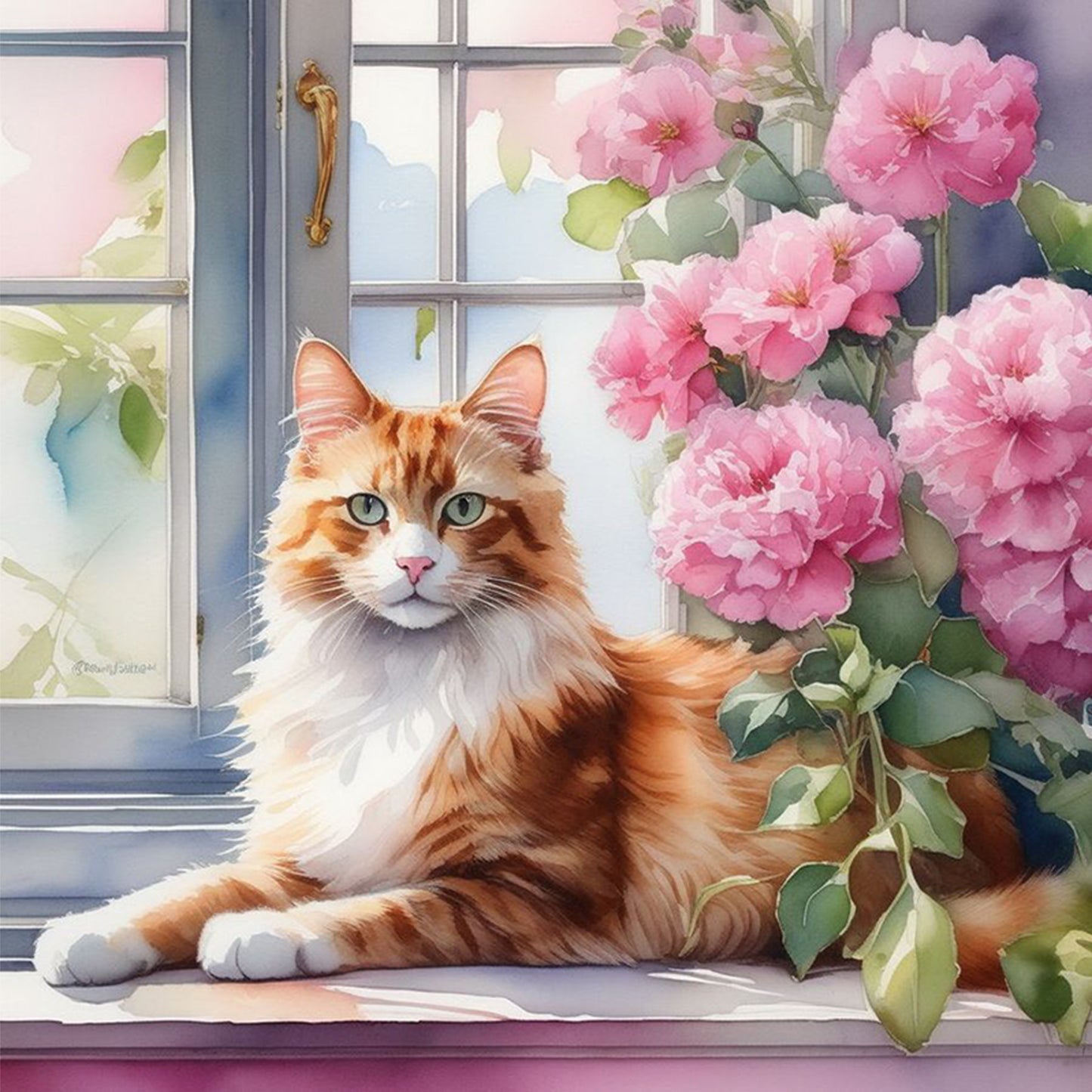 Cat By Window - Full 11CT Stamped Cross Stitch 40x40CM - Huacan