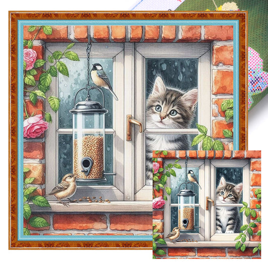 Cat By Window - Full 11CT Stamped Cross Stitch 40x40CM - Huacan