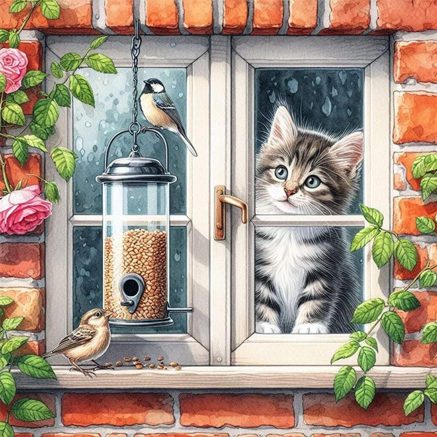 Cat By Window - Full 11CT Stamped Cross Stitch 40x40CM - Huacan