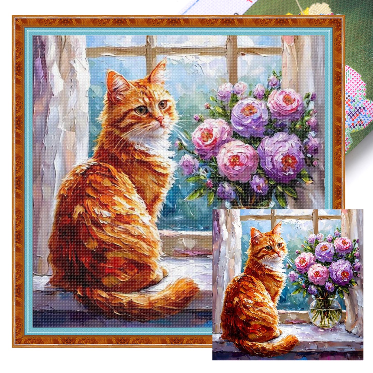 Cat By Window - Full 11CT Stamped Cross Stitch 40x40CM - Huacan