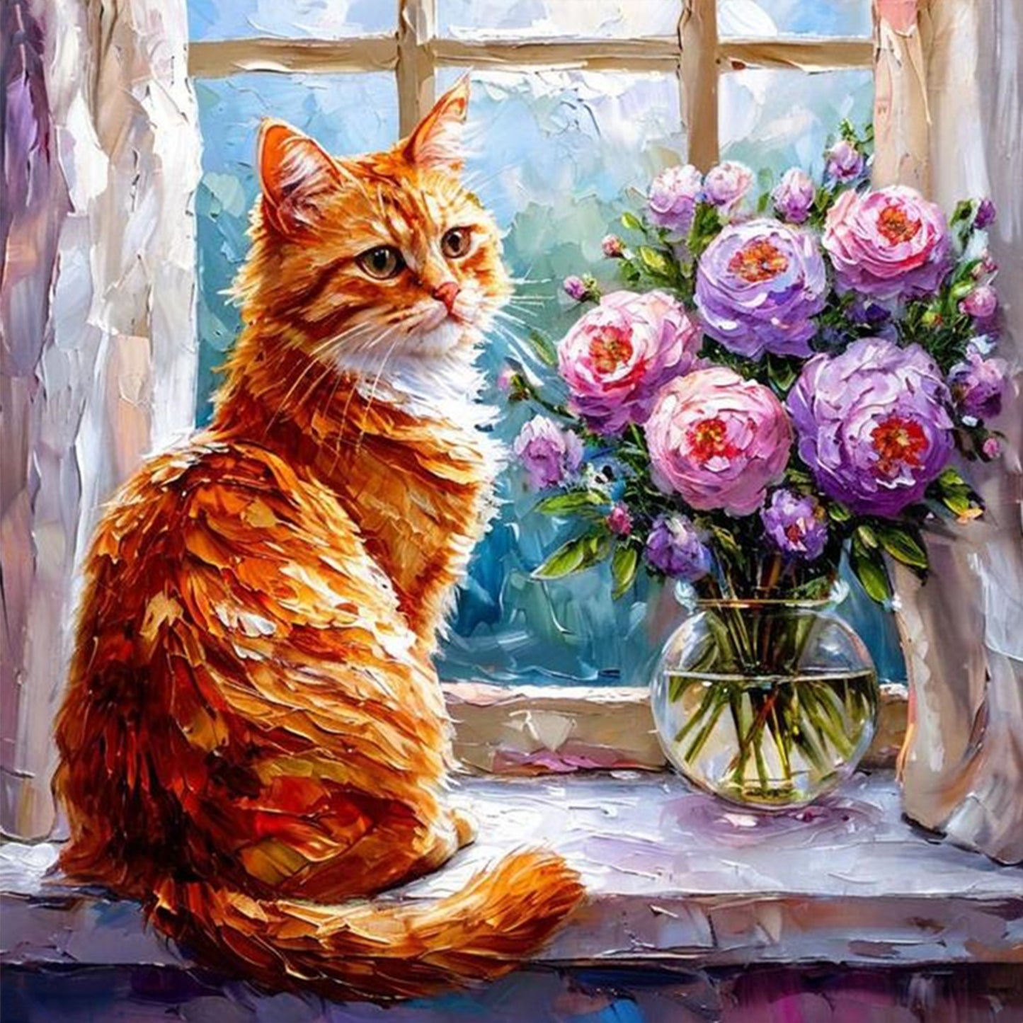 Cat By Window - Full 11CT Stamped Cross Stitch 40x40CM - Huacan