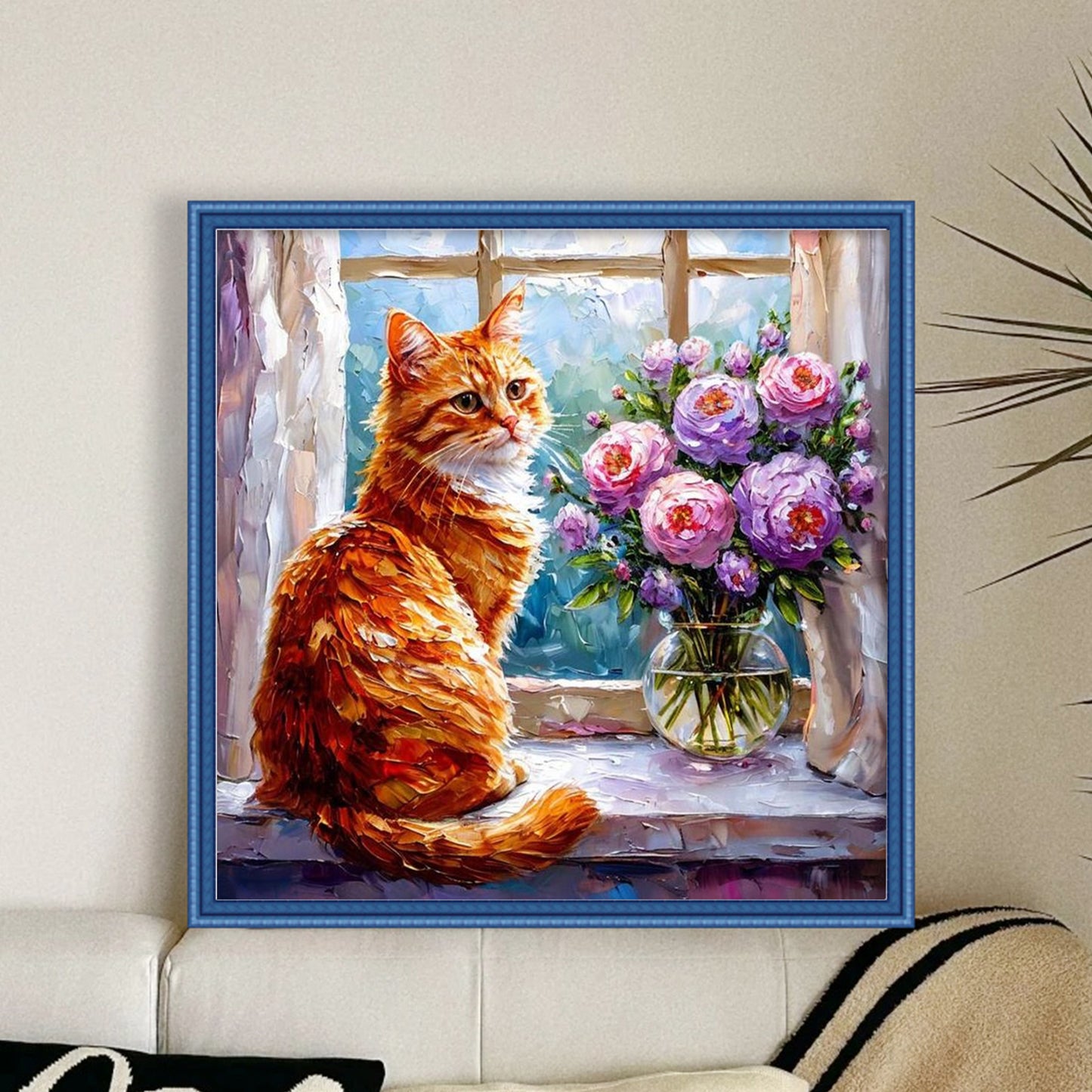 Cat By Window - Full 11CT Stamped Cross Stitch 40x40CM - Huacan