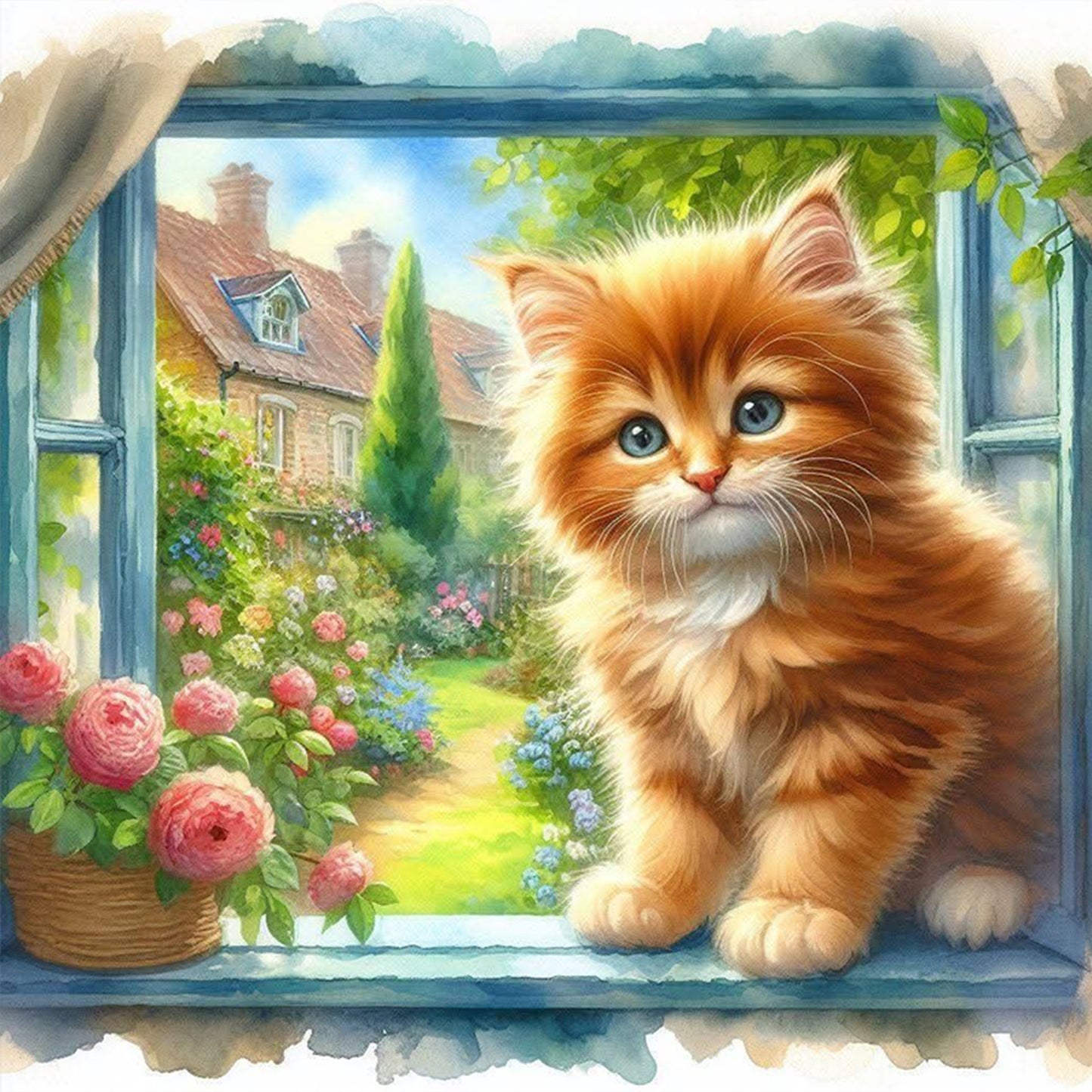 Cat By Window - Full 11CT Stamped Cross Stitch 40x40CM - Huacan